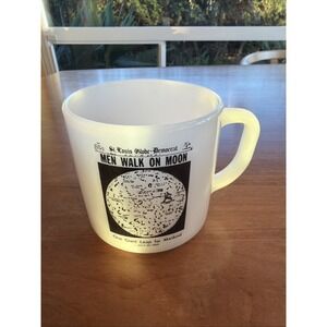 Vintage Fire King White Glass Coffee Mug MEN WALK ON MOON